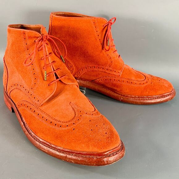 FLORSHEIM by DUCKIE BROWN Size 10 Orange Perforated Suede Wingtip Ankle Boots - Picture 1 of 11